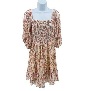 Super Natural Secret Mission Greenport Dress Womens S Cream Multi Floral Smocked